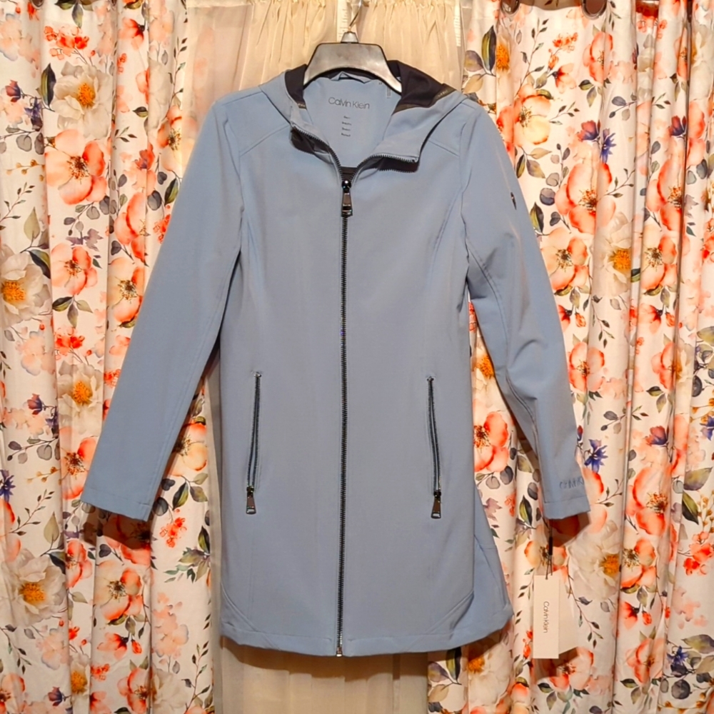 Calvin Klein Women's Mesh Back Raincoat, Chambray Blue, X-Small